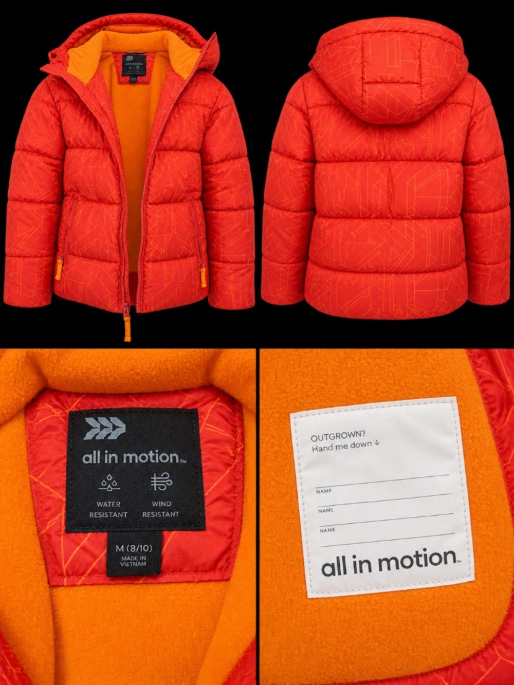 All in Motion Kids Puffer Jacket Orange/Red Hooded Fleece Lined Size M 8/10